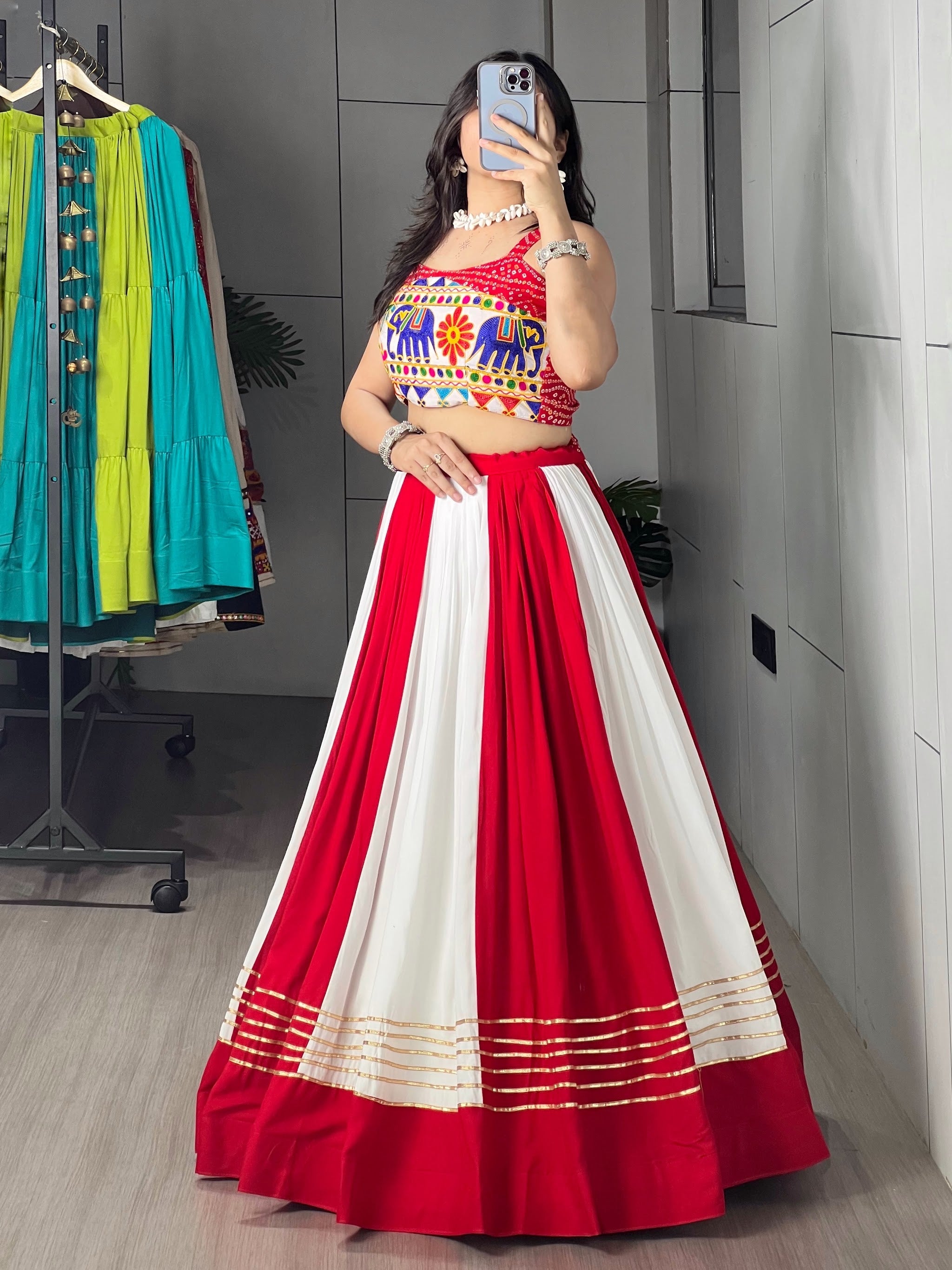 Navratri Red White Laal Leher Lehenga Set