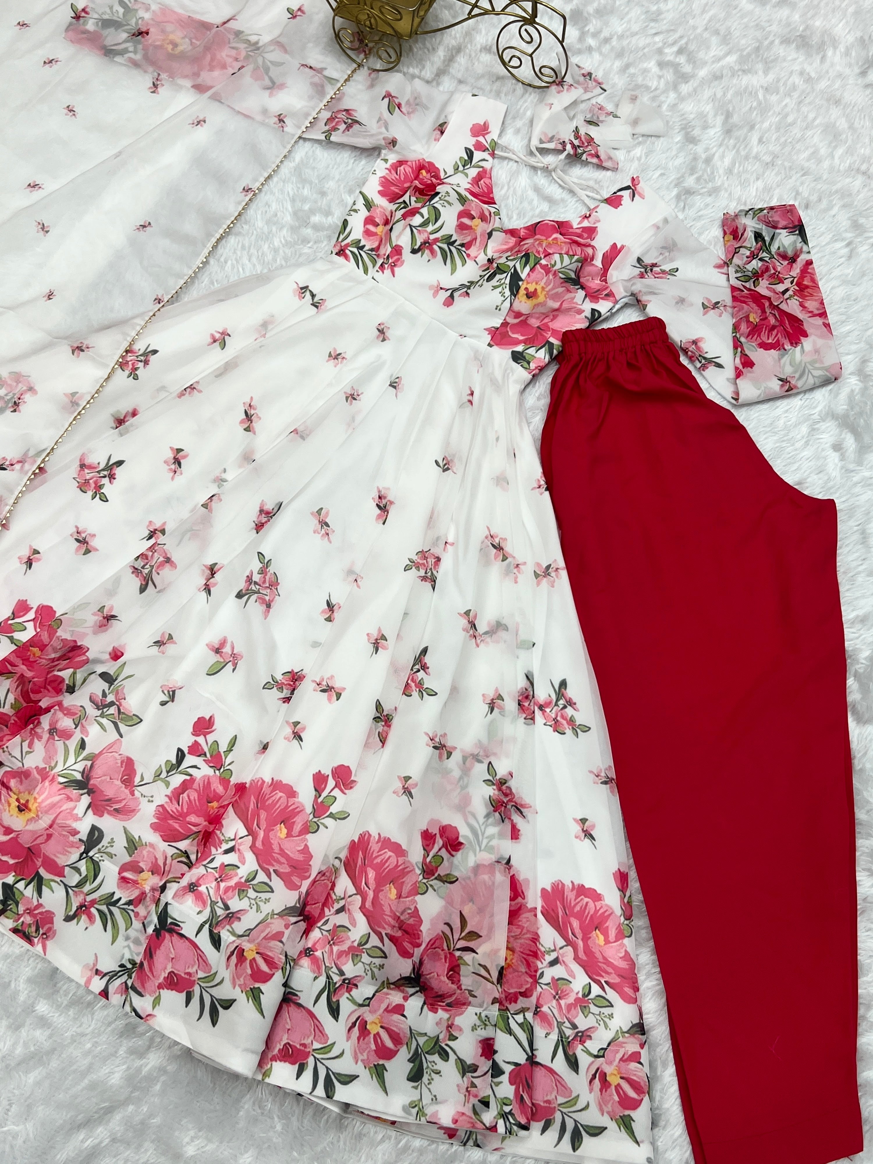 Organza Silk Printed Anarkali Set – Ivory Floral