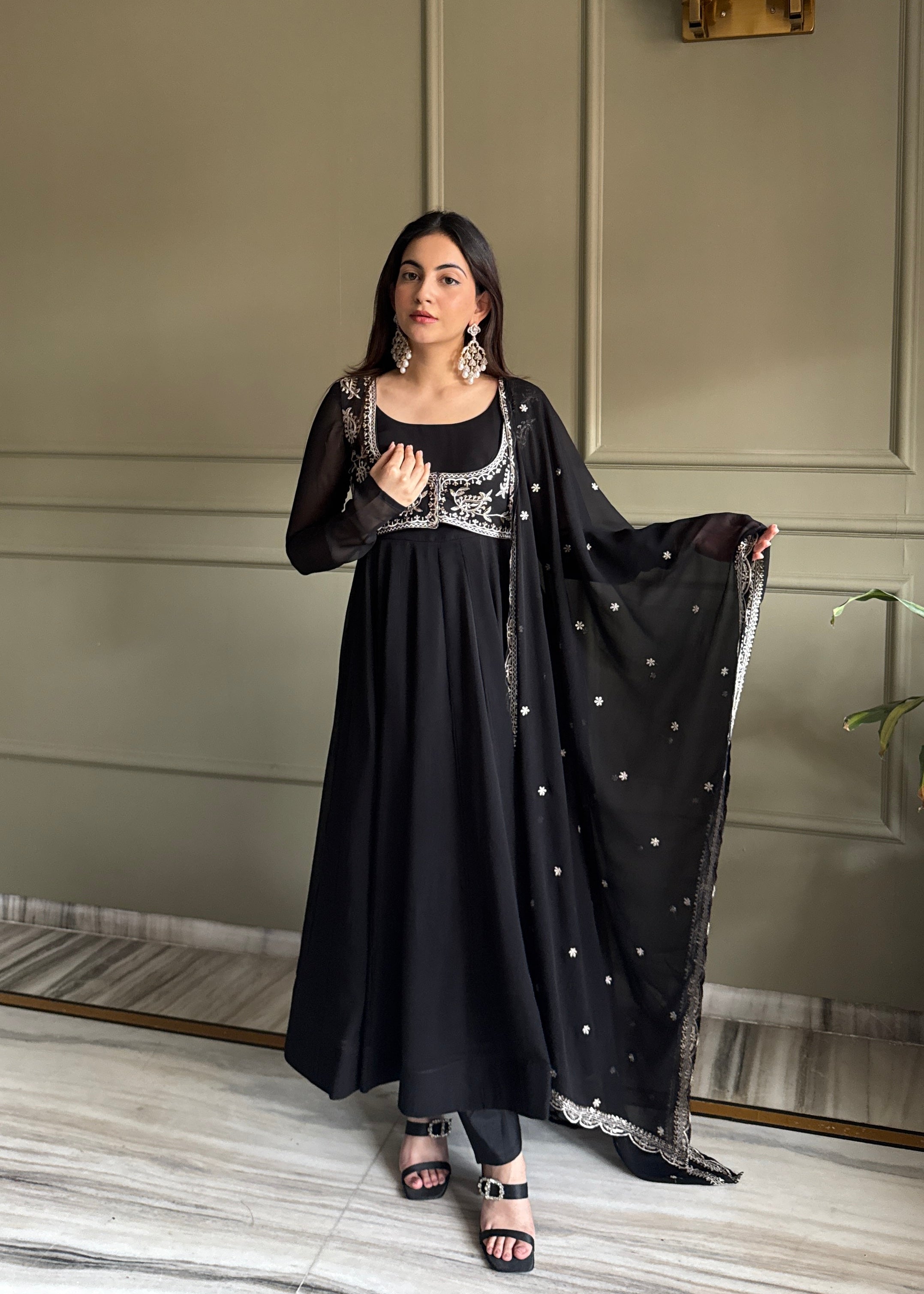 Georgette Embroidered Anarkali Set – Black