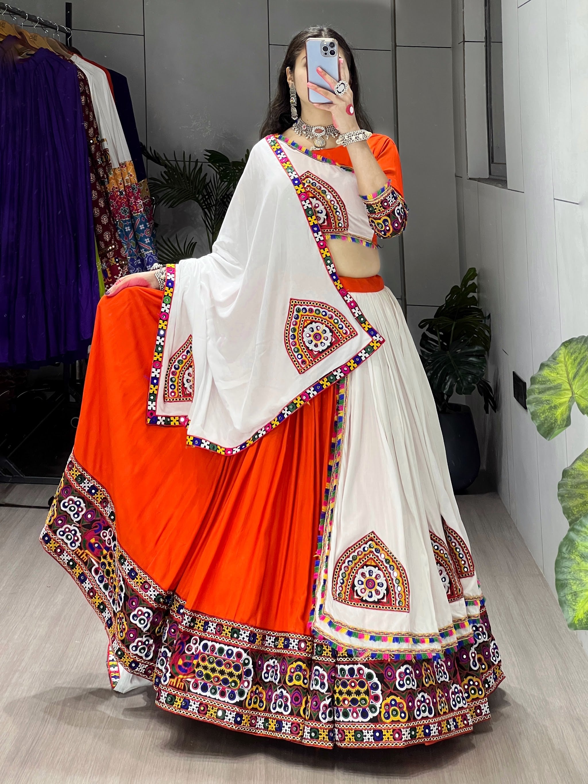 Navratri Orange White Arches Patch Work Lehenga Set