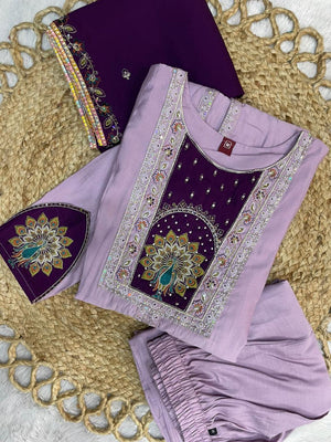 Roman Silk Embroidered Anarkali Kurti Set – Light Lovender