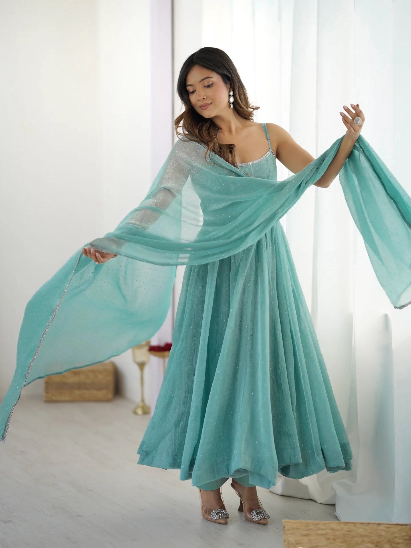 Crunchy Silk Embroidered Anarkali Set – Aqua Blue