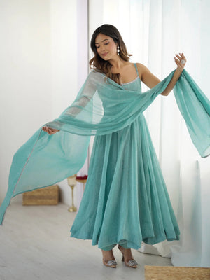 Crunchy Silk Embroidered Anarkali Set – Aqua Blue