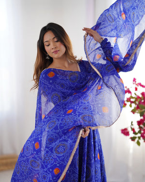 Soft Lightweight Chiffon Bandhej Fabric Inner Micro Cotton Embroidered Anarkali Set – Blue