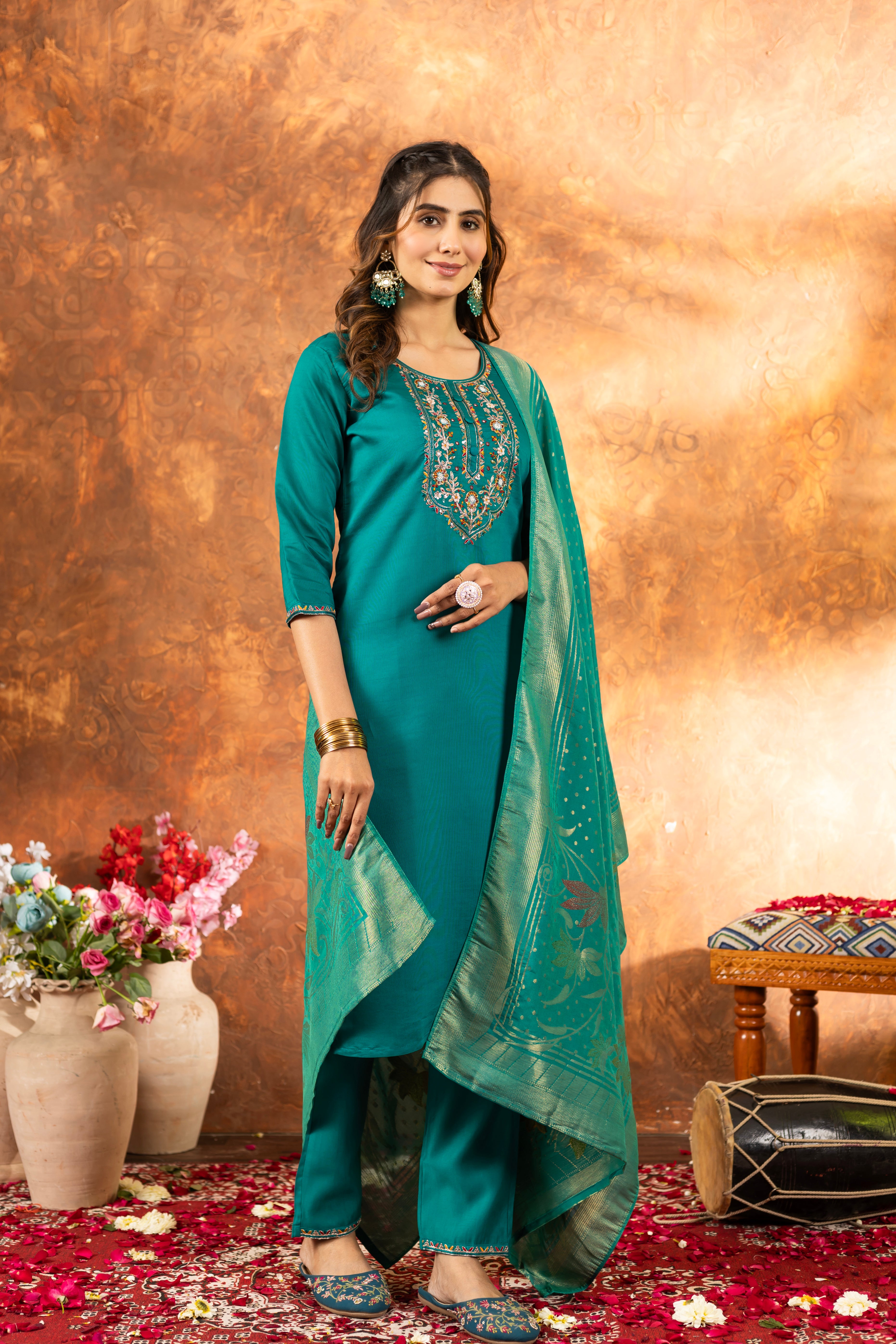 Marina Silk Embroidered Straight Kurti Set – Rama Green