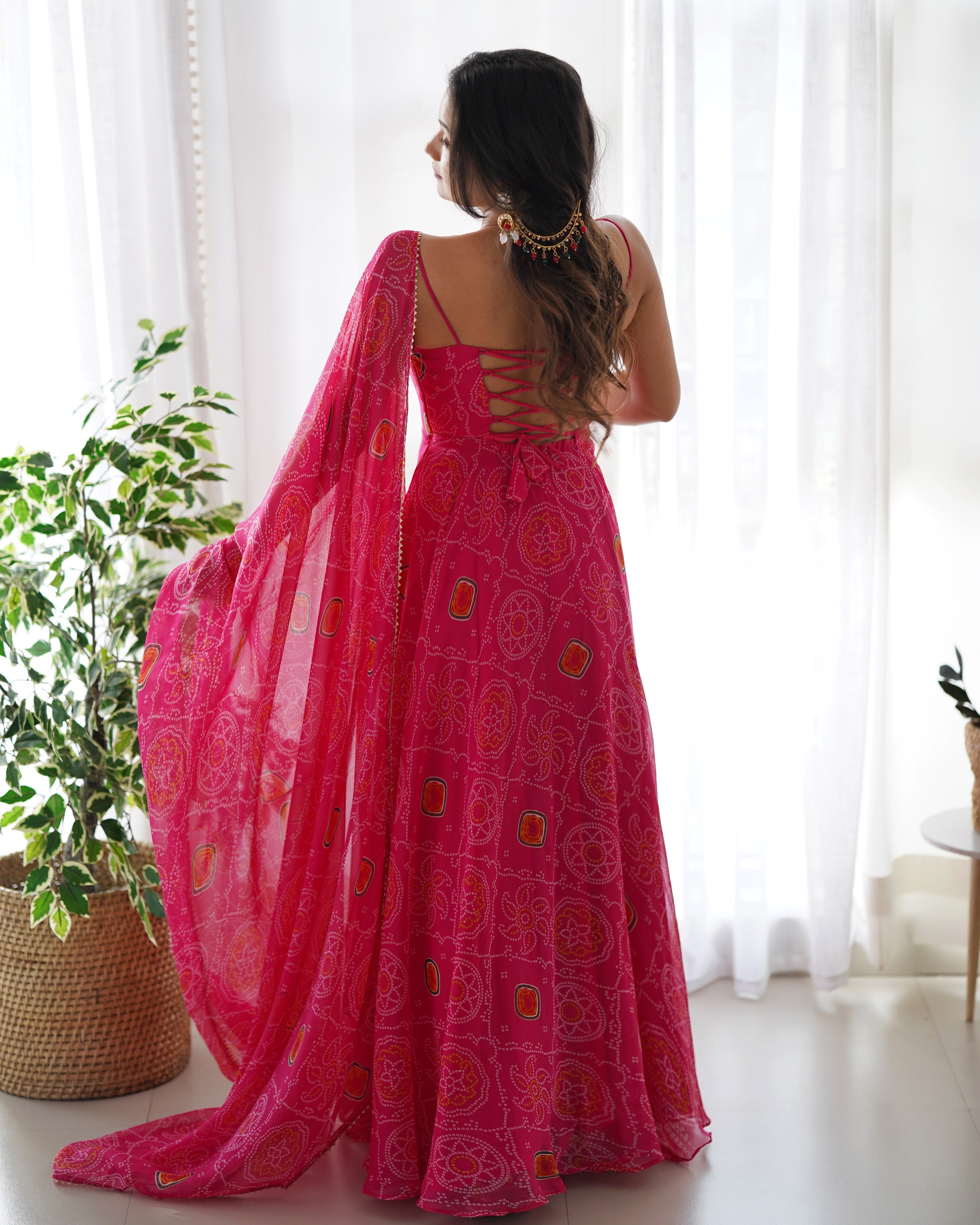 Soft Lightweight Chiffon Bandhej Embroidered Gown Set – Pink