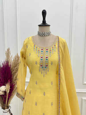 Crunchy Silk Embroidered Kurta-Sharara Set – Yellow