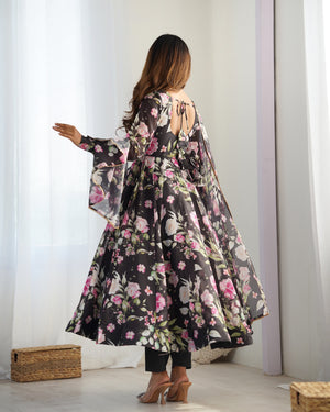 Organza Silk Printed Anarkali Set – Black