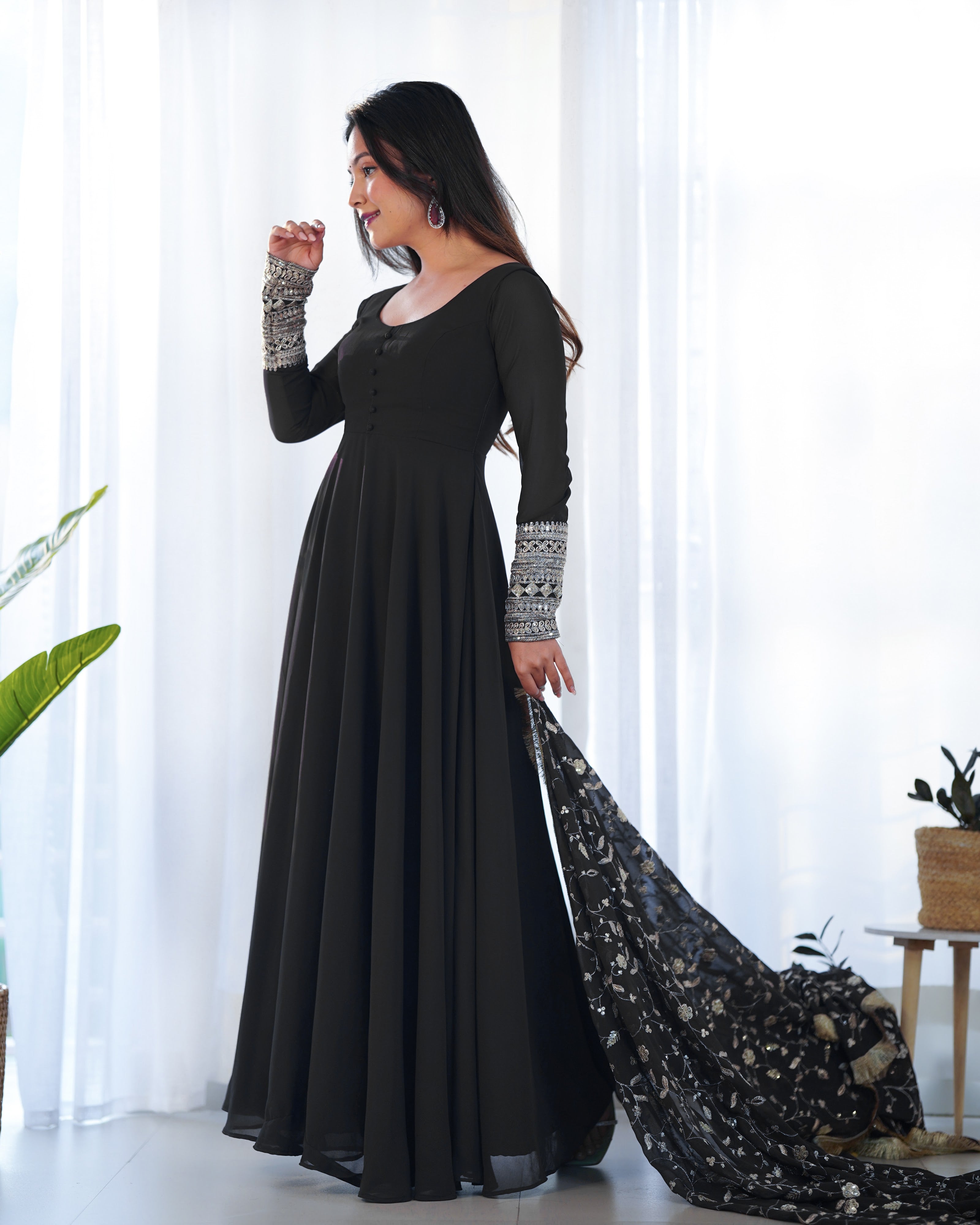 Georgette Embroidered Gown Set – Black