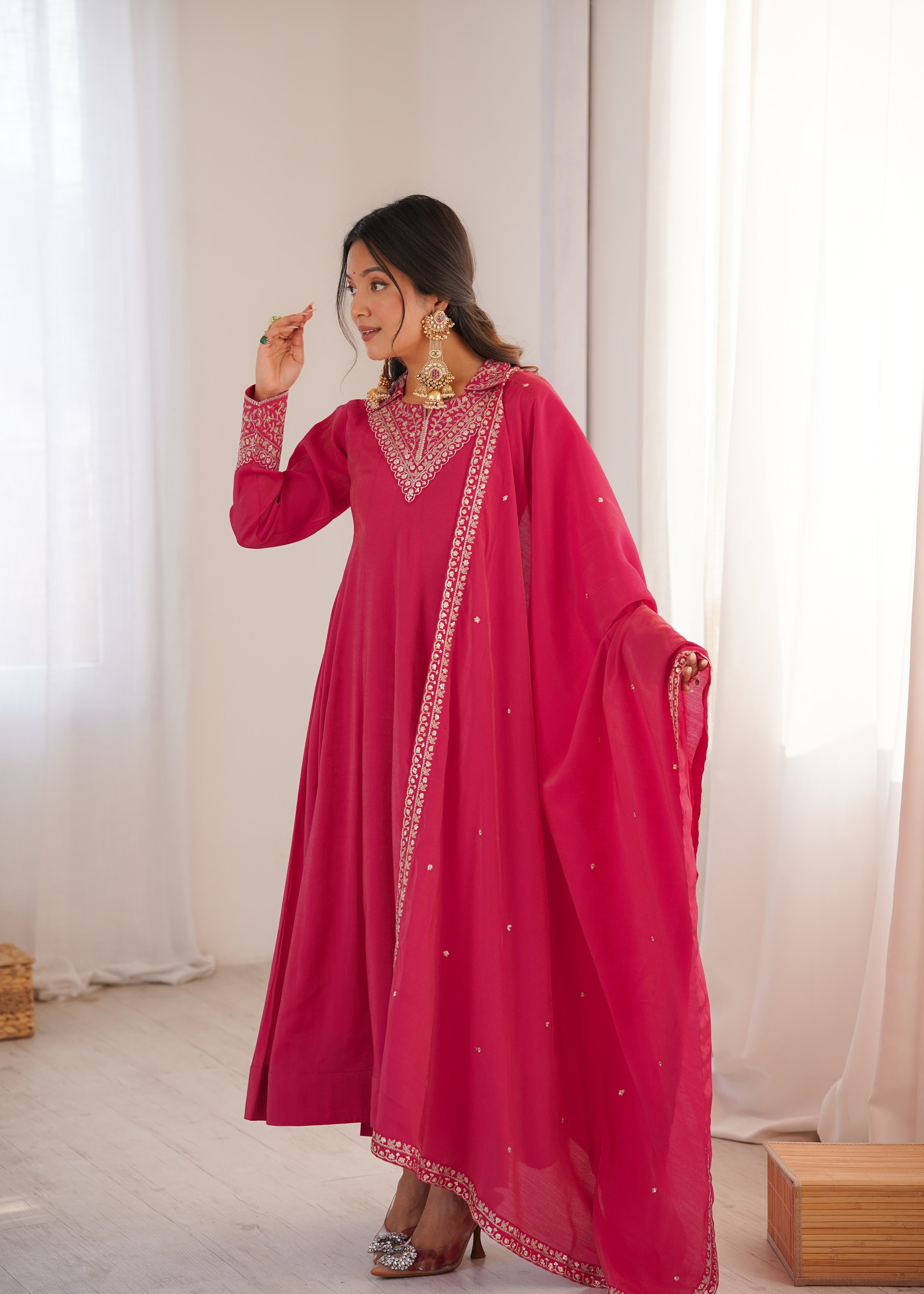 Roman Shimmer Silk Embroidered Anarkali Set – Rani Pink