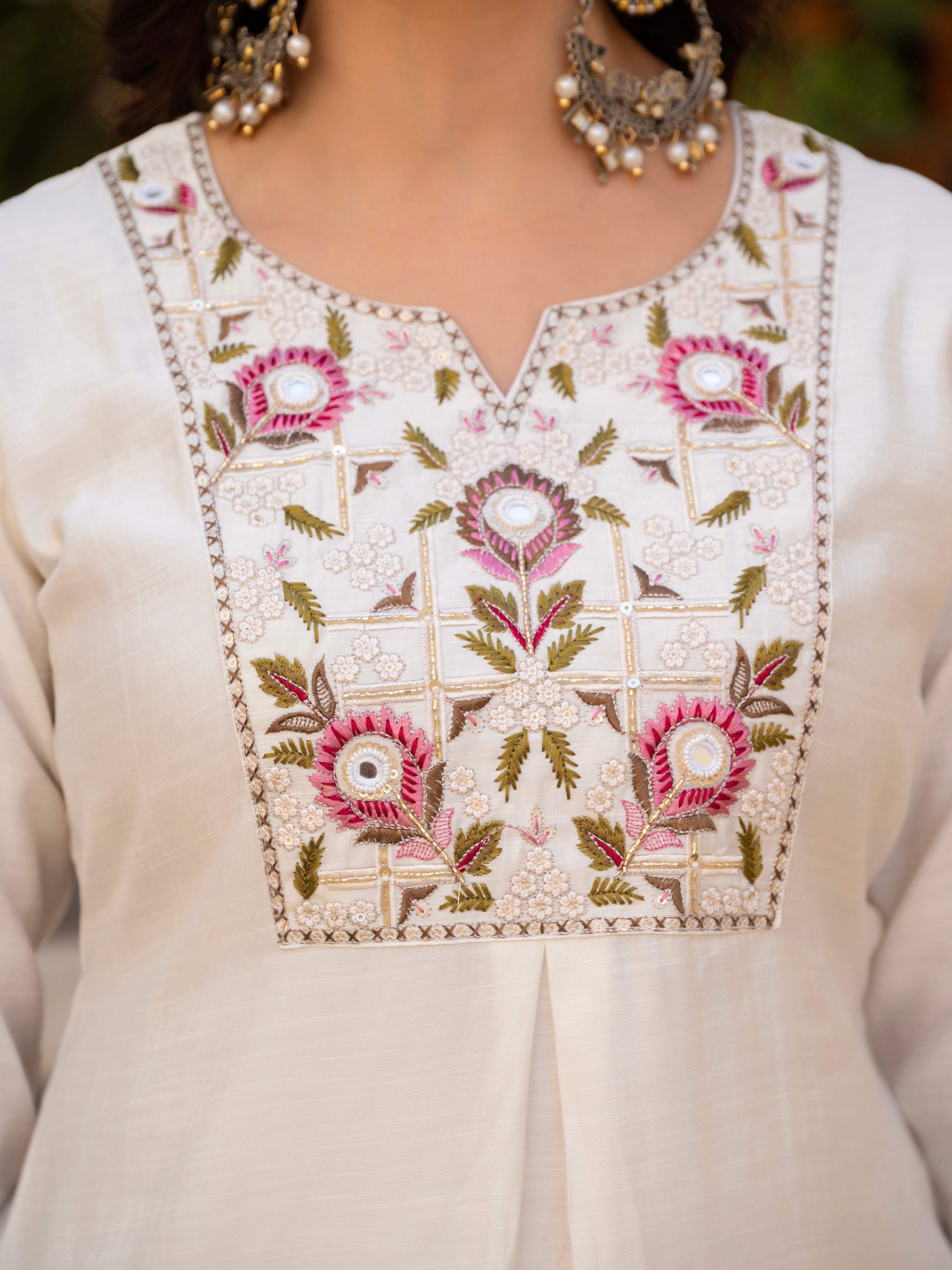 Pure Viscose Mango Silk Embroidered Straight Kurti Set – White