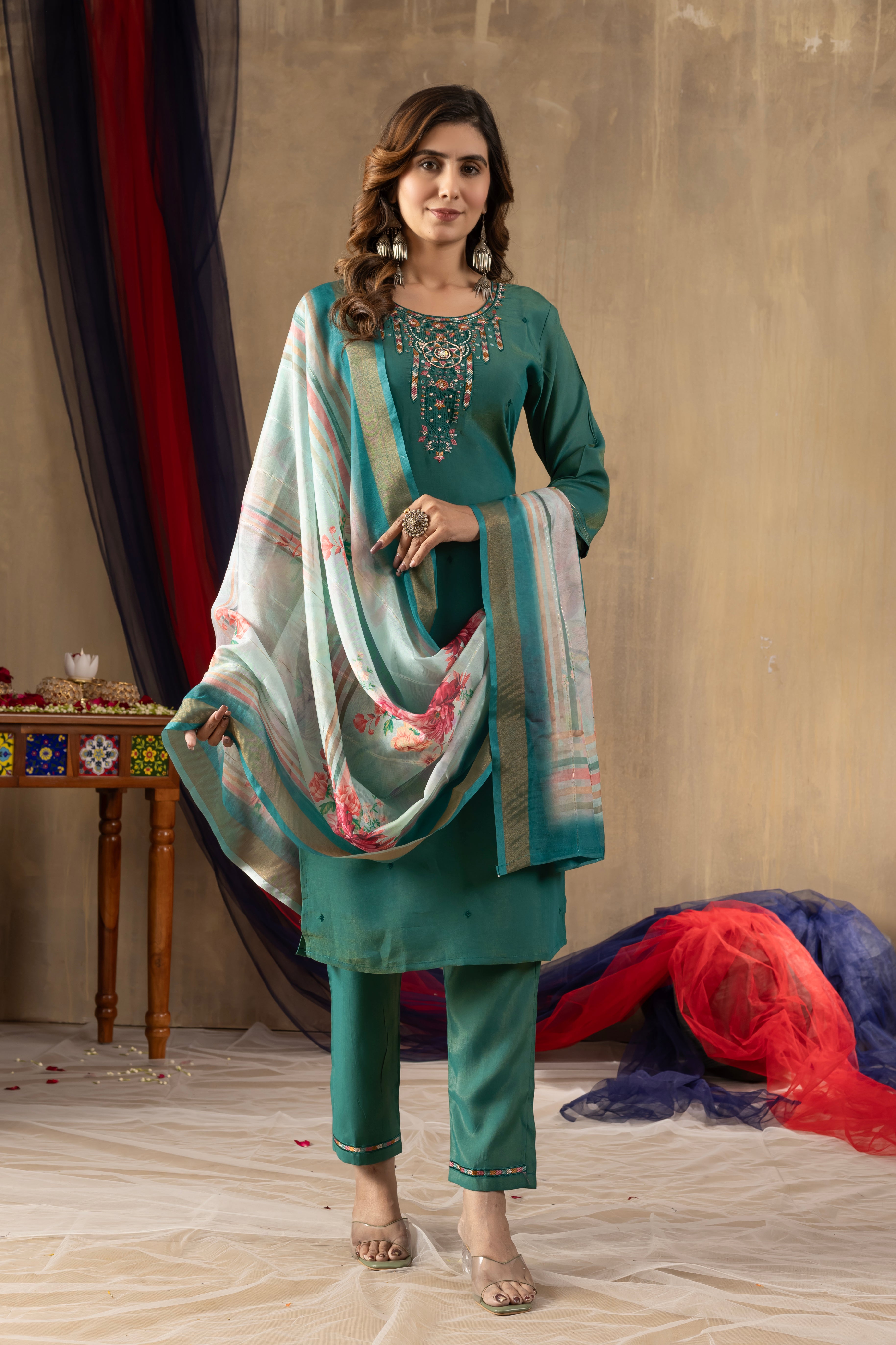 Shimmer Gold Silk Embroidered Straight Kurti Set – Rama Green