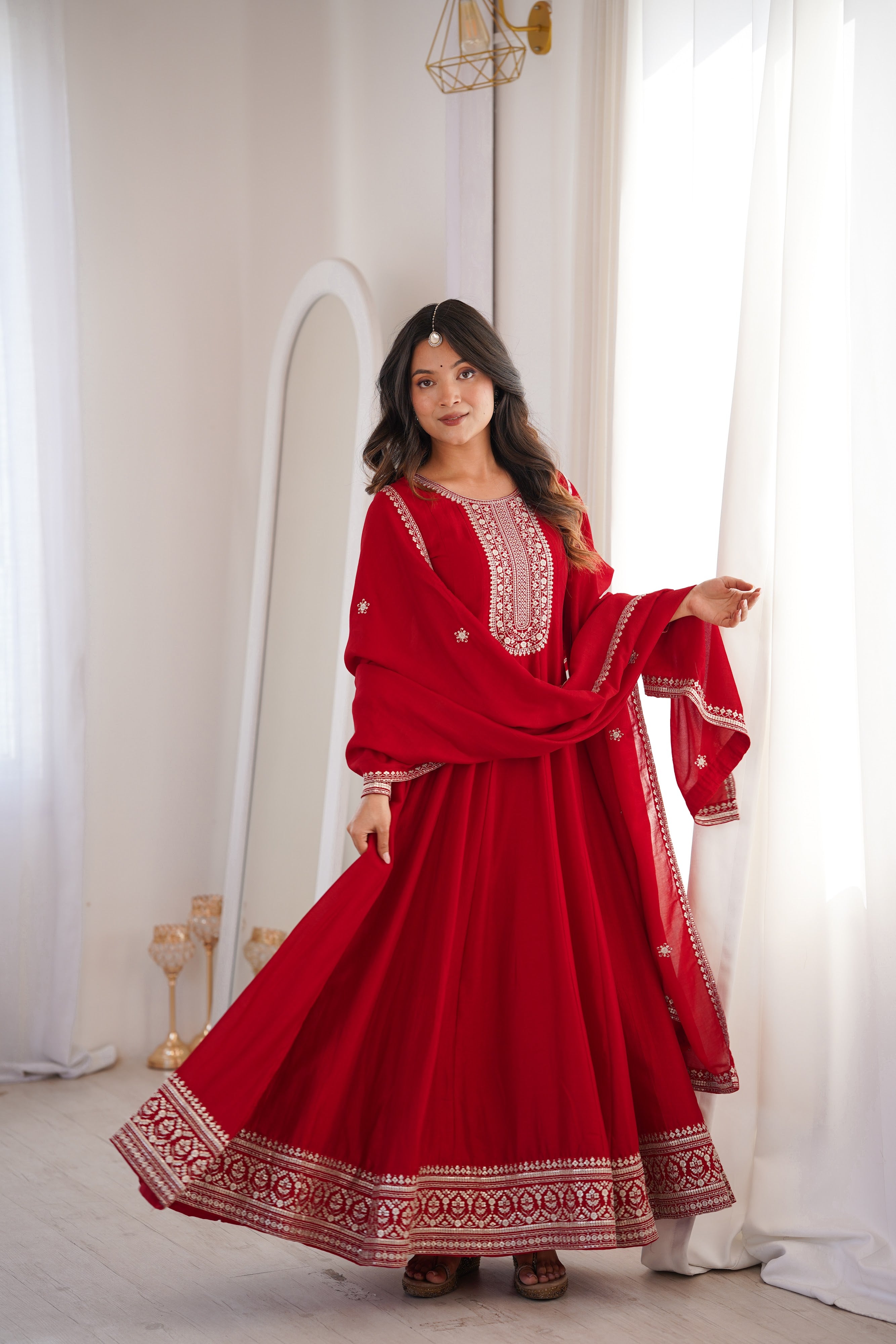 Vichitra Silk Embroidered Gown Set – Dark Red
