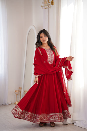 Vichitra Silk Embroidered Gown Set – Dark Red