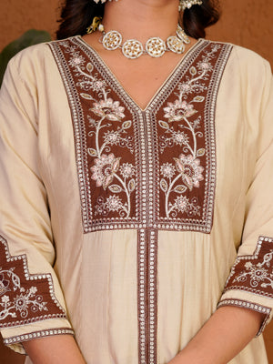 Roman Silk Embroidered Anarkali Kurti Set – Cream