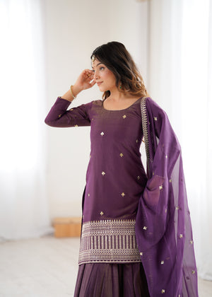 Roman Shimmer Silk Embroidered Top Set – Purple