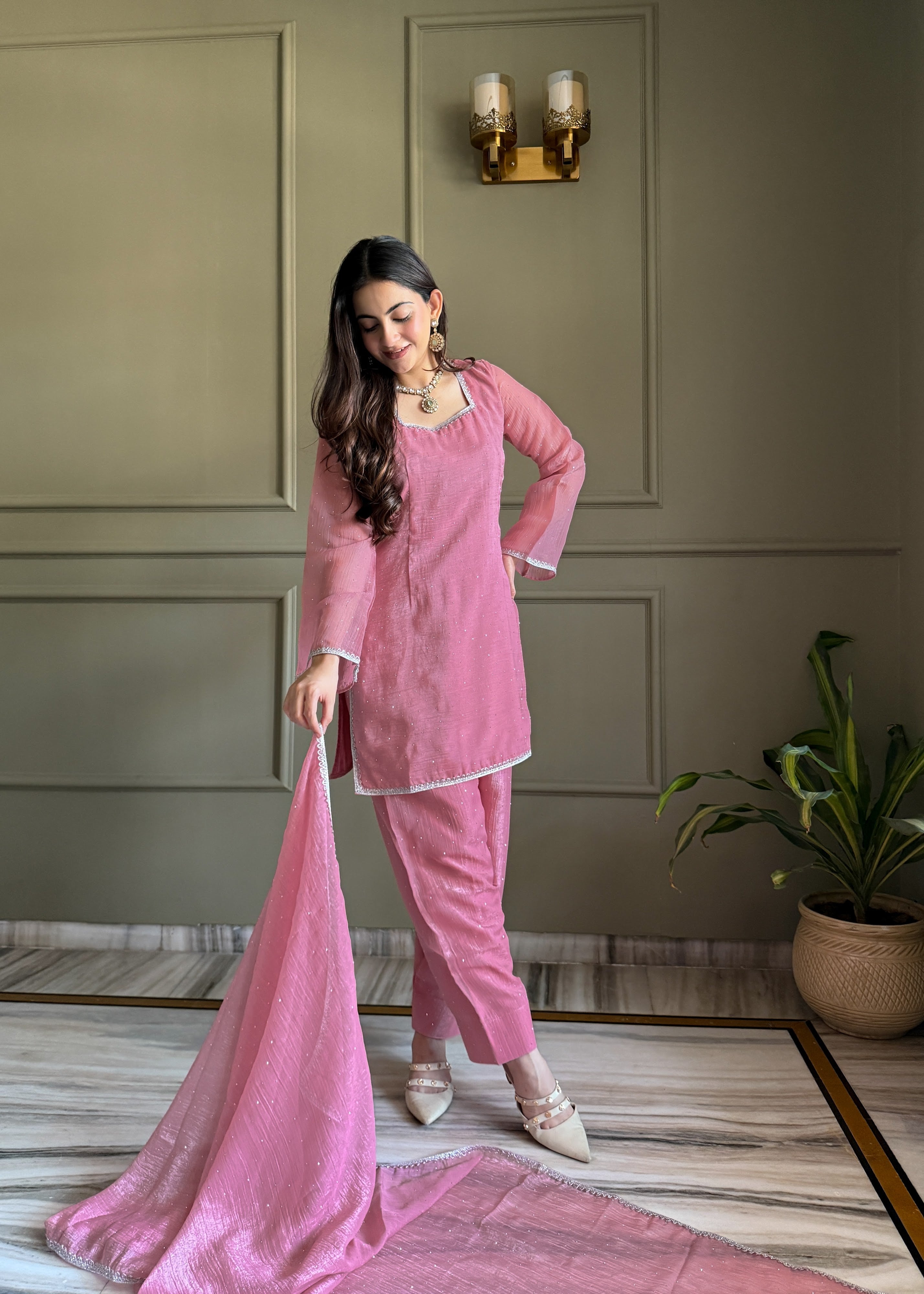 Crunchy Silk Embroidered Farshi Salwar Set – Pink