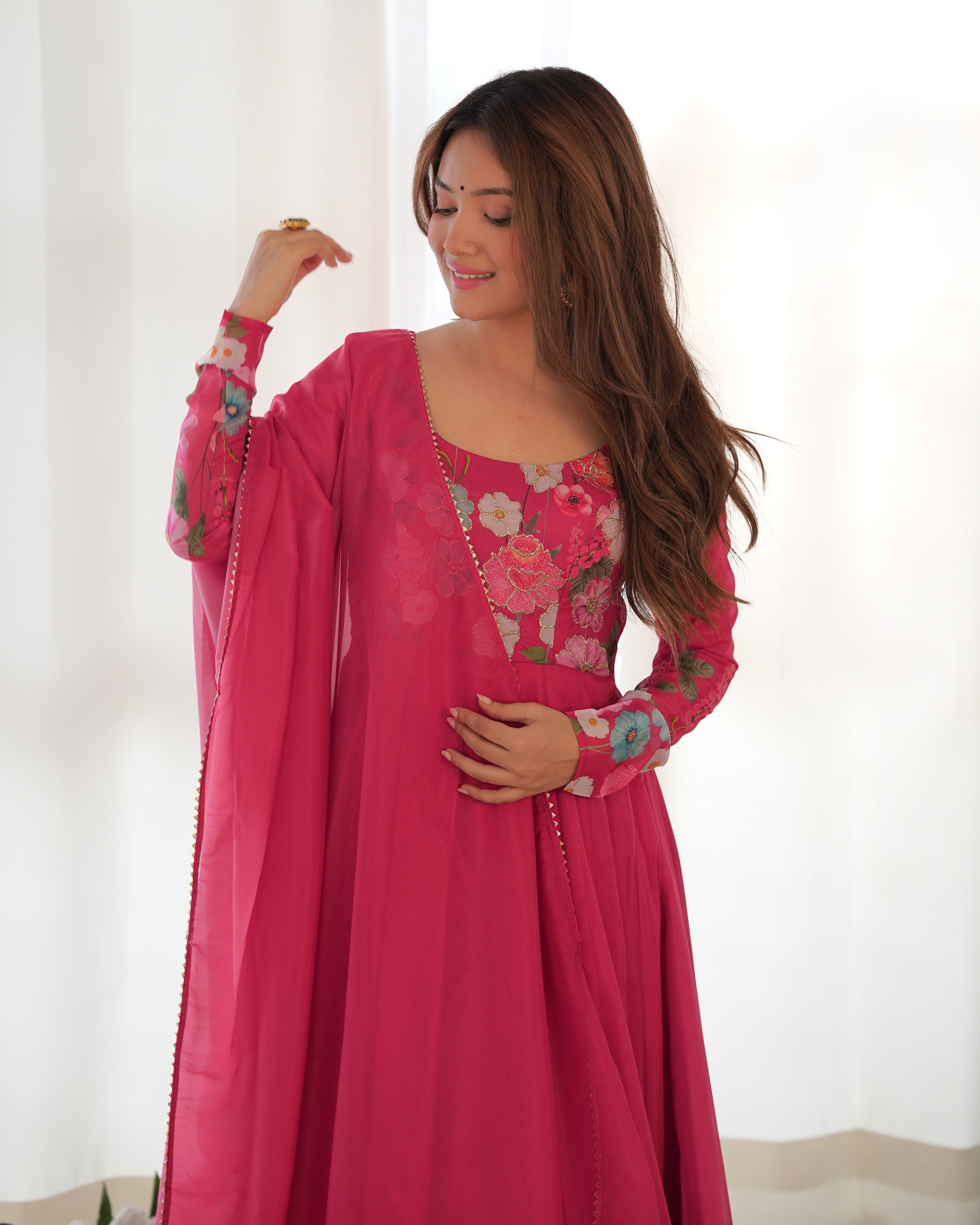 Organza Silk Printed Anarkali Set – Pink