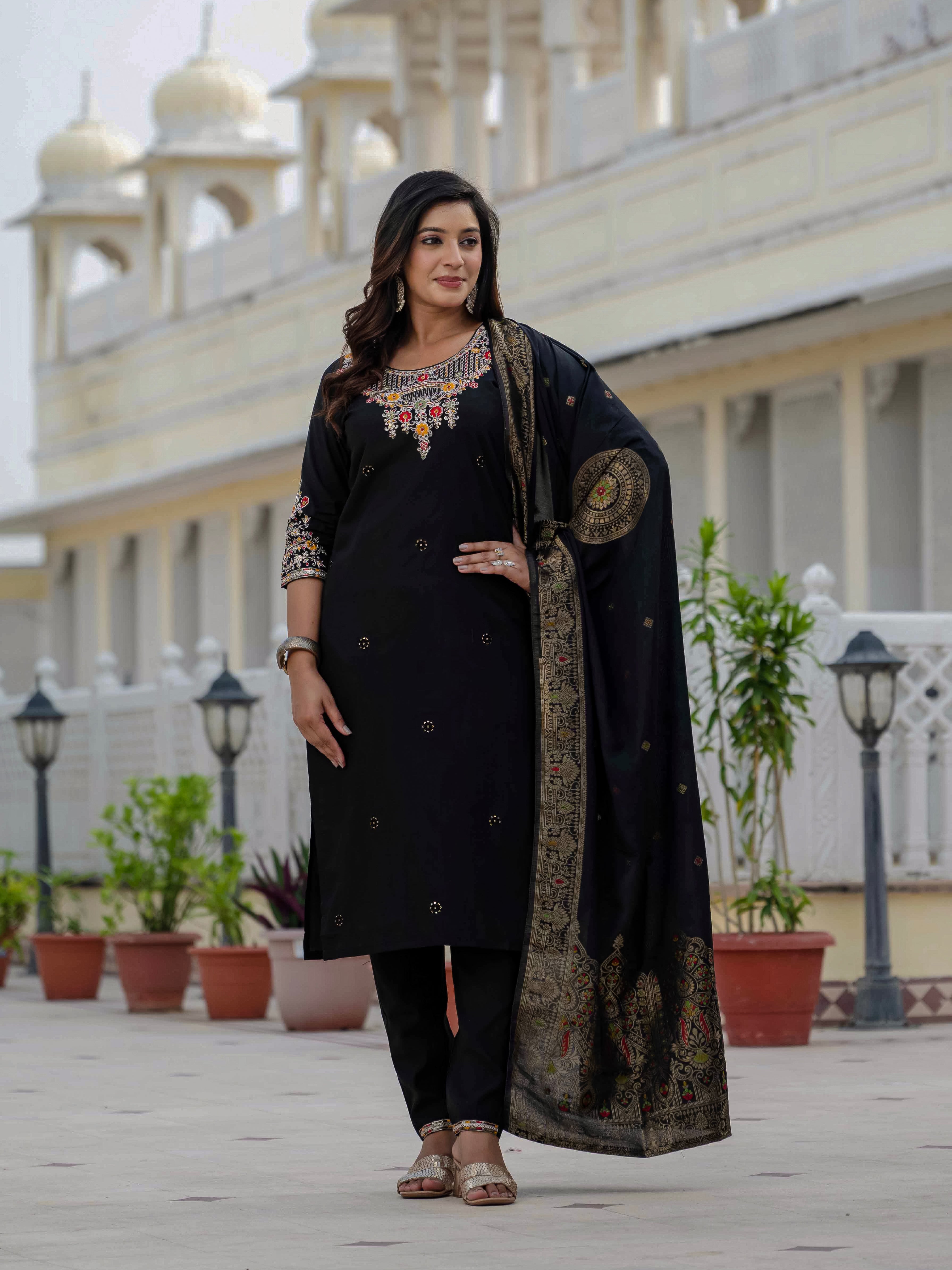 Premium Roman Silk Embroidered Straight Kurti Set – Black