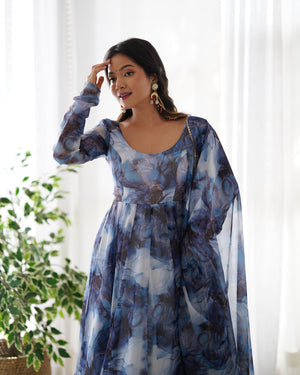 Organza Silk Printed Anarkali Set – Navy Blue