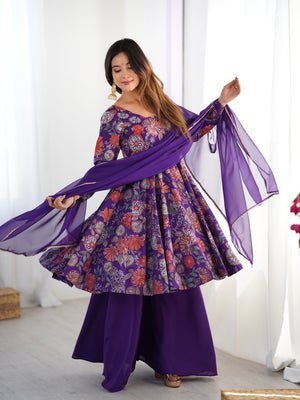 Roman Chanderi Silk Printed Kurta-Palazzo Set – Purple