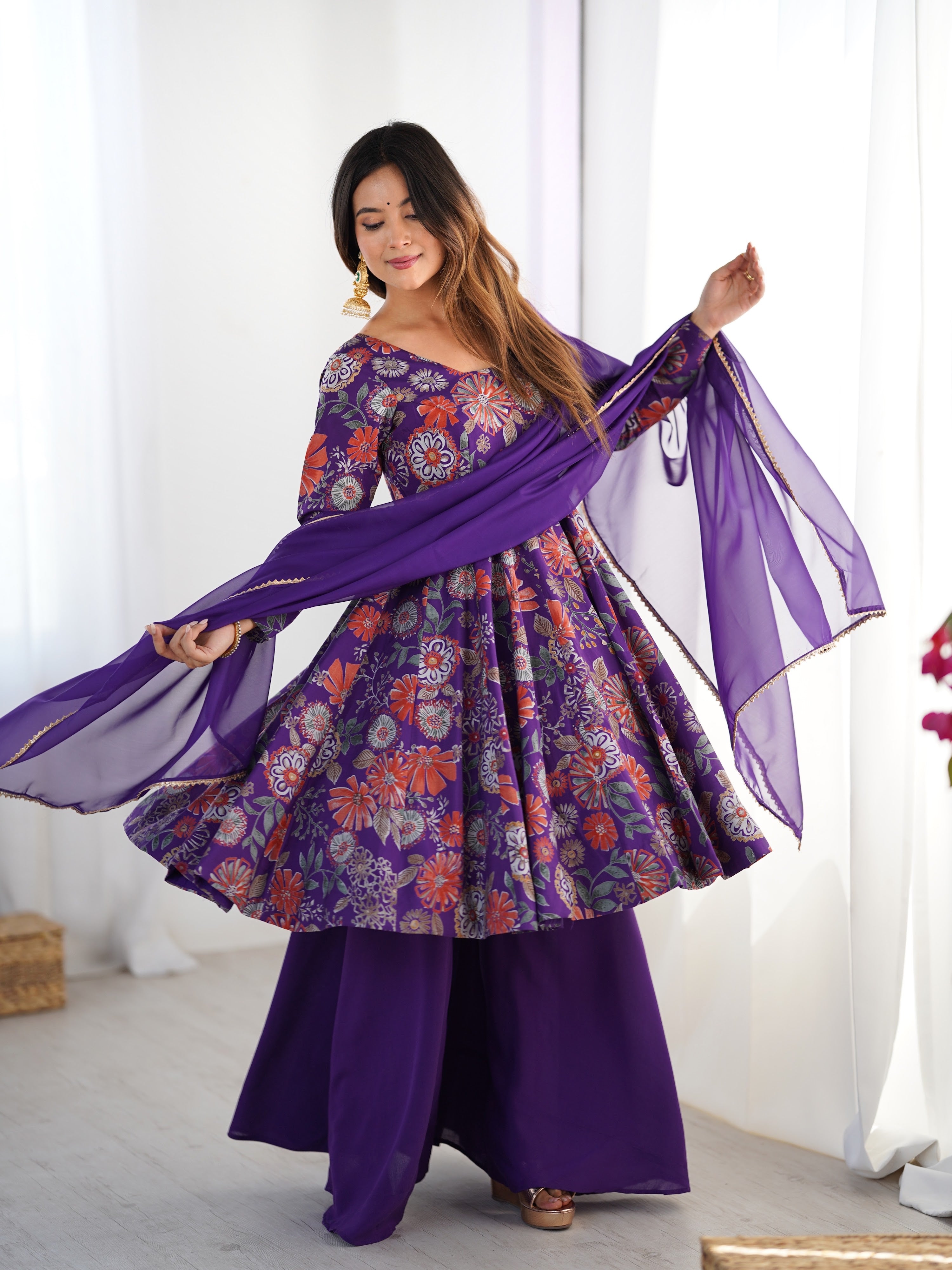 Roman Chanderi Silk Printed Kurta-Palazzo Set – Purple
