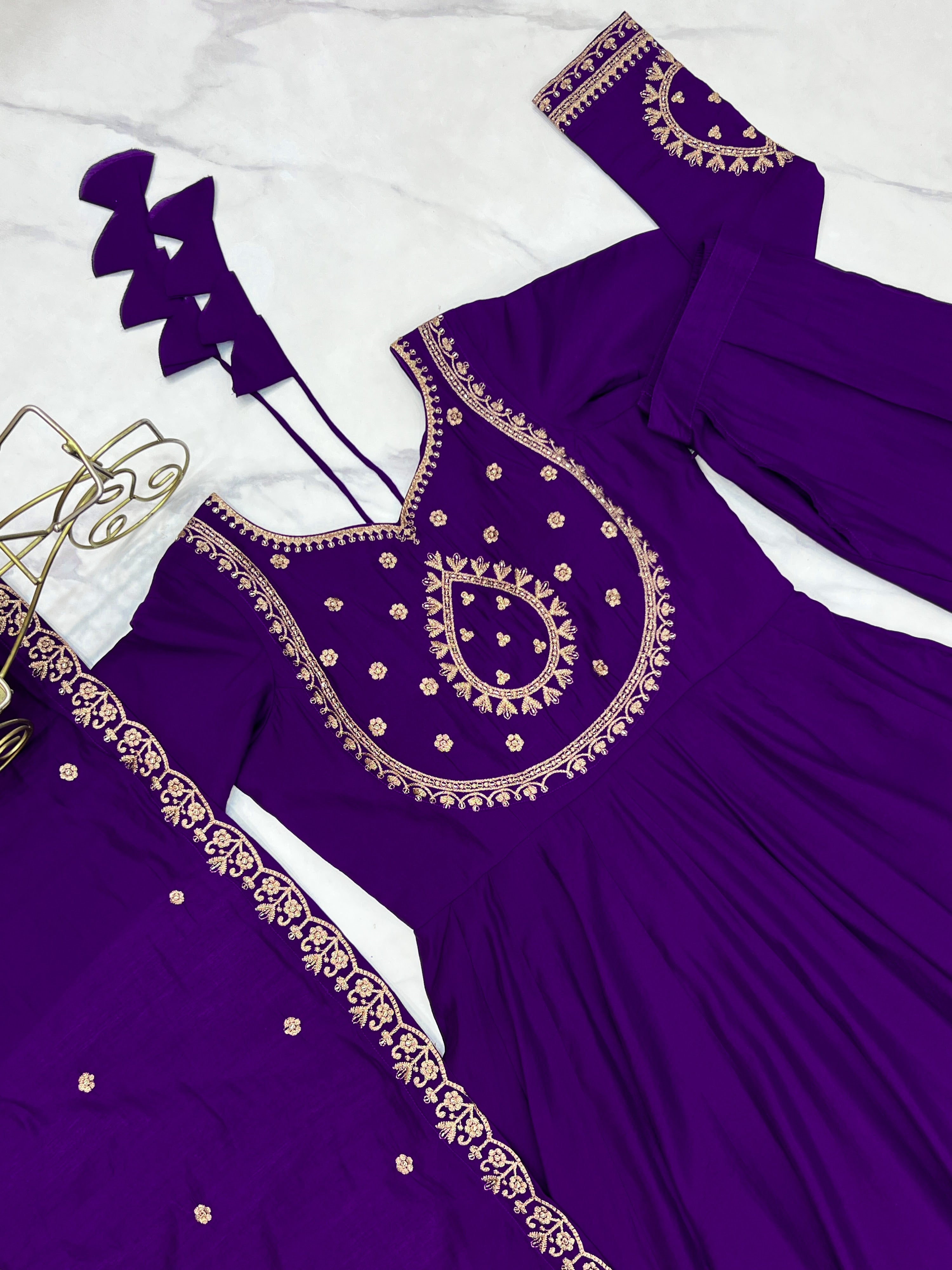 Roman Chanderi Silk Embroidered Anarkali Set – Purple