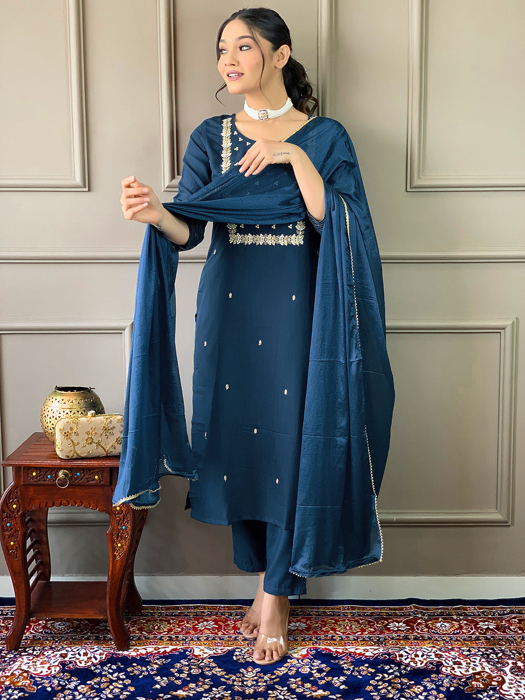 Rayon Slub Embroidered Kurta Pant Dupatta Set – Petrol Blue