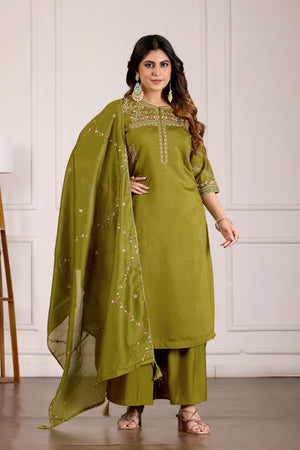 Viscose Mango Silk Embroidered Anarkali Kurti Set – Mahendi Green
