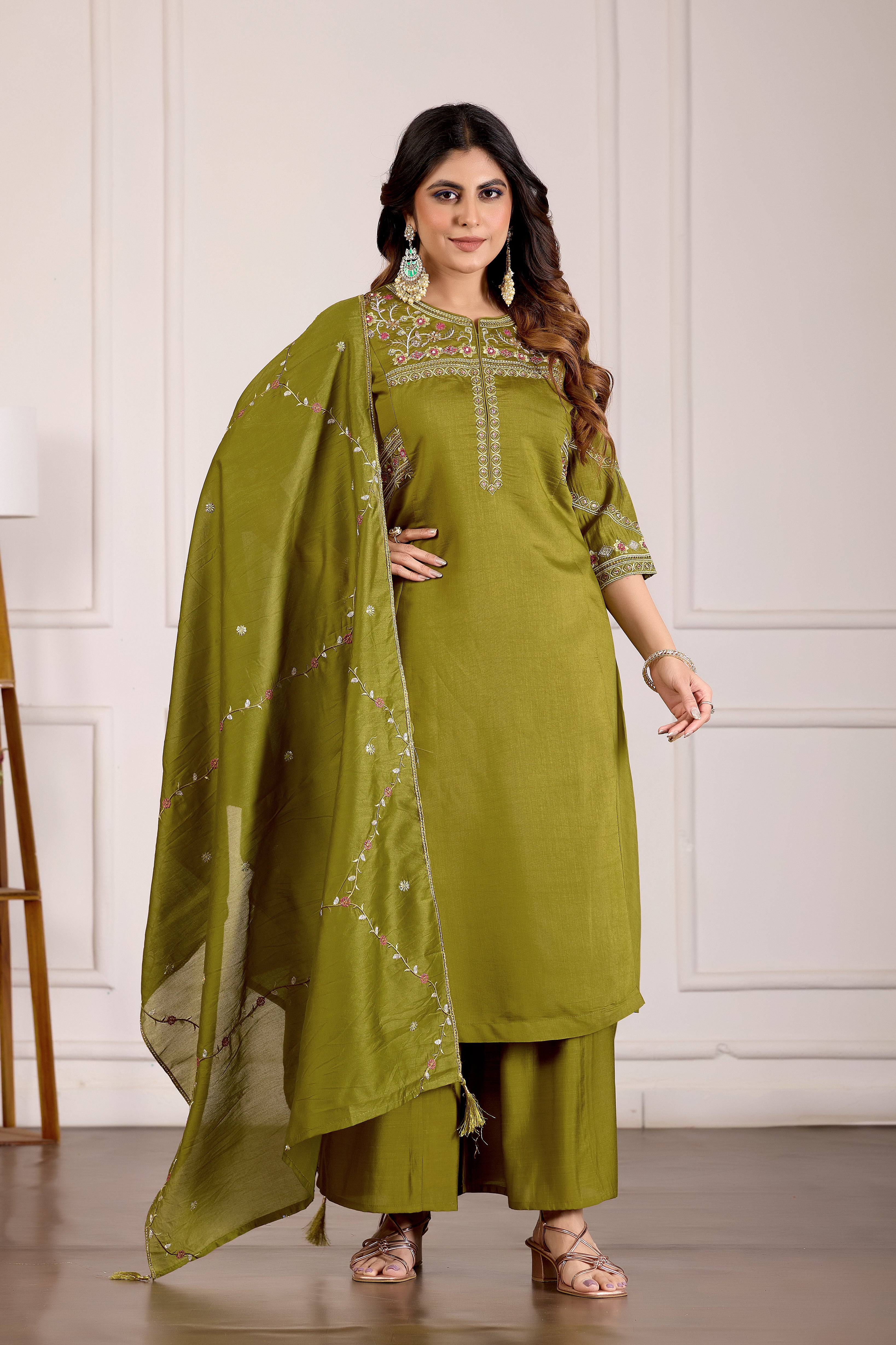 Viscose Mango Silk Embroidered Anarkali Kurti Set – Mahendi Green