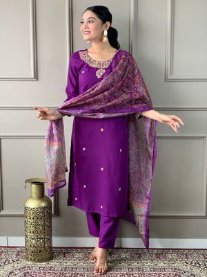 Rayon Slub Embroidered Kurta Pant Dupatta Set – Purple