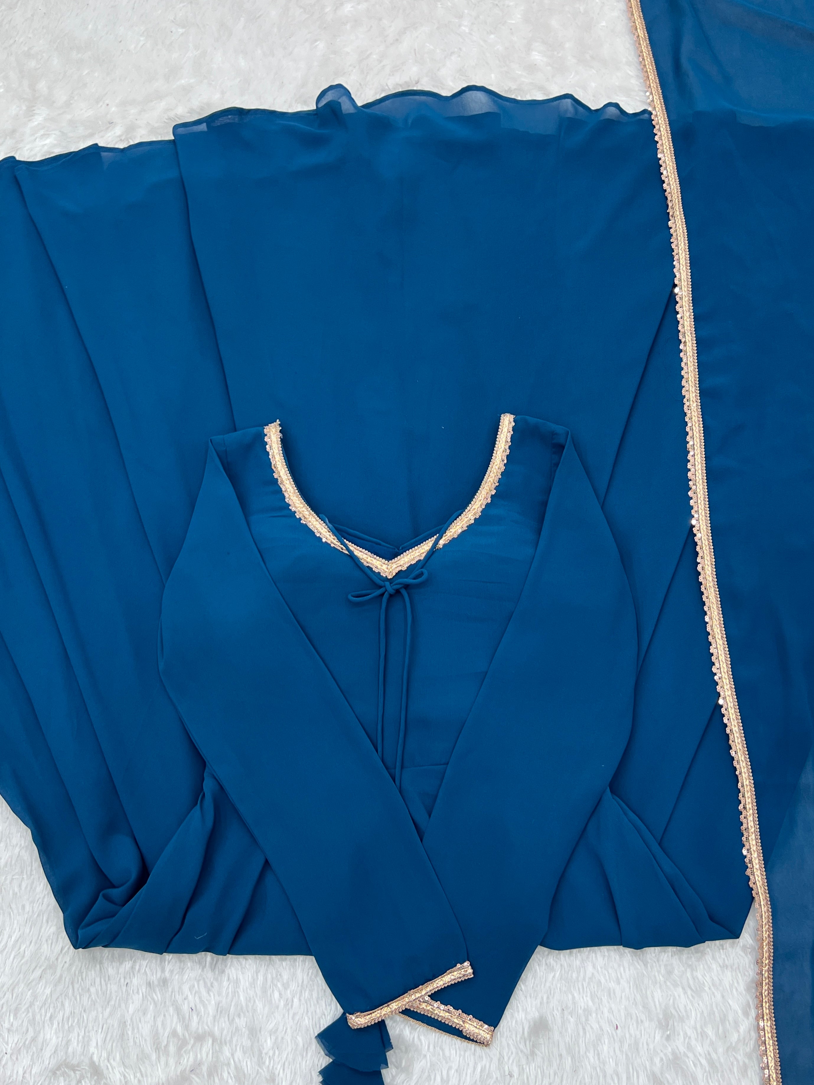 Georgette Embroidered Gown Set – Teal Blue