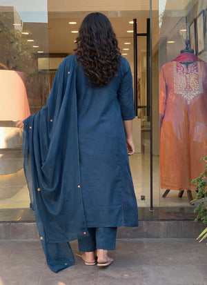 Rayon Slub Embroidered Kurta Pant Dupatta Set – Teal Blue
