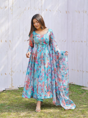 Organza Silk Printed Anarkali Set – Sky Floral