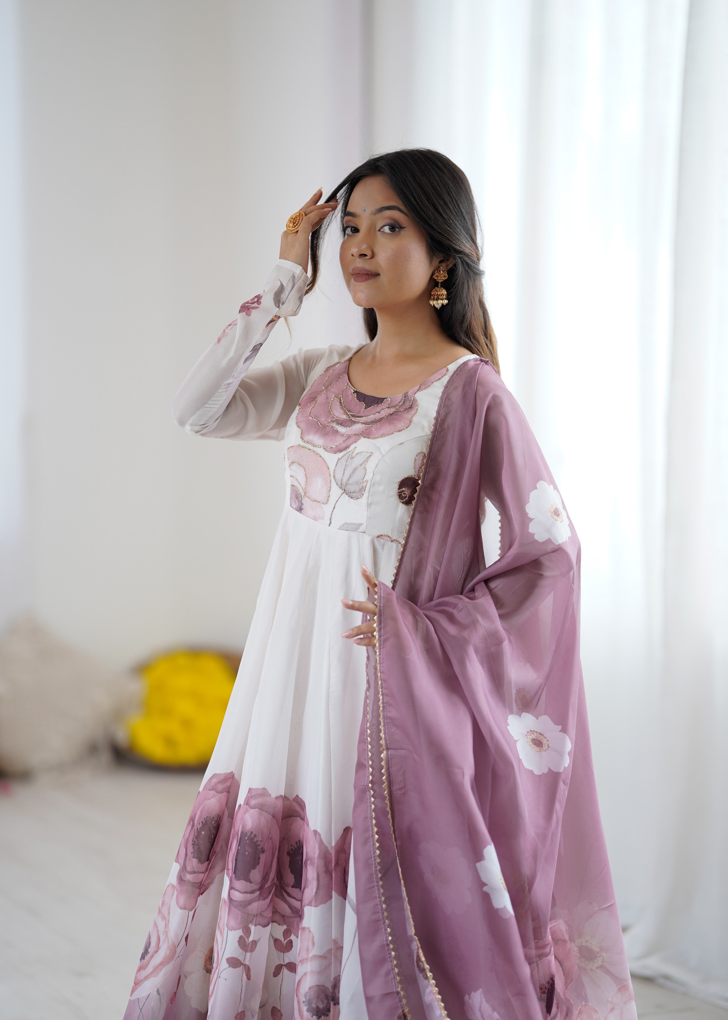 Organza Silk Printed Anarkali Set – Lilac Floral