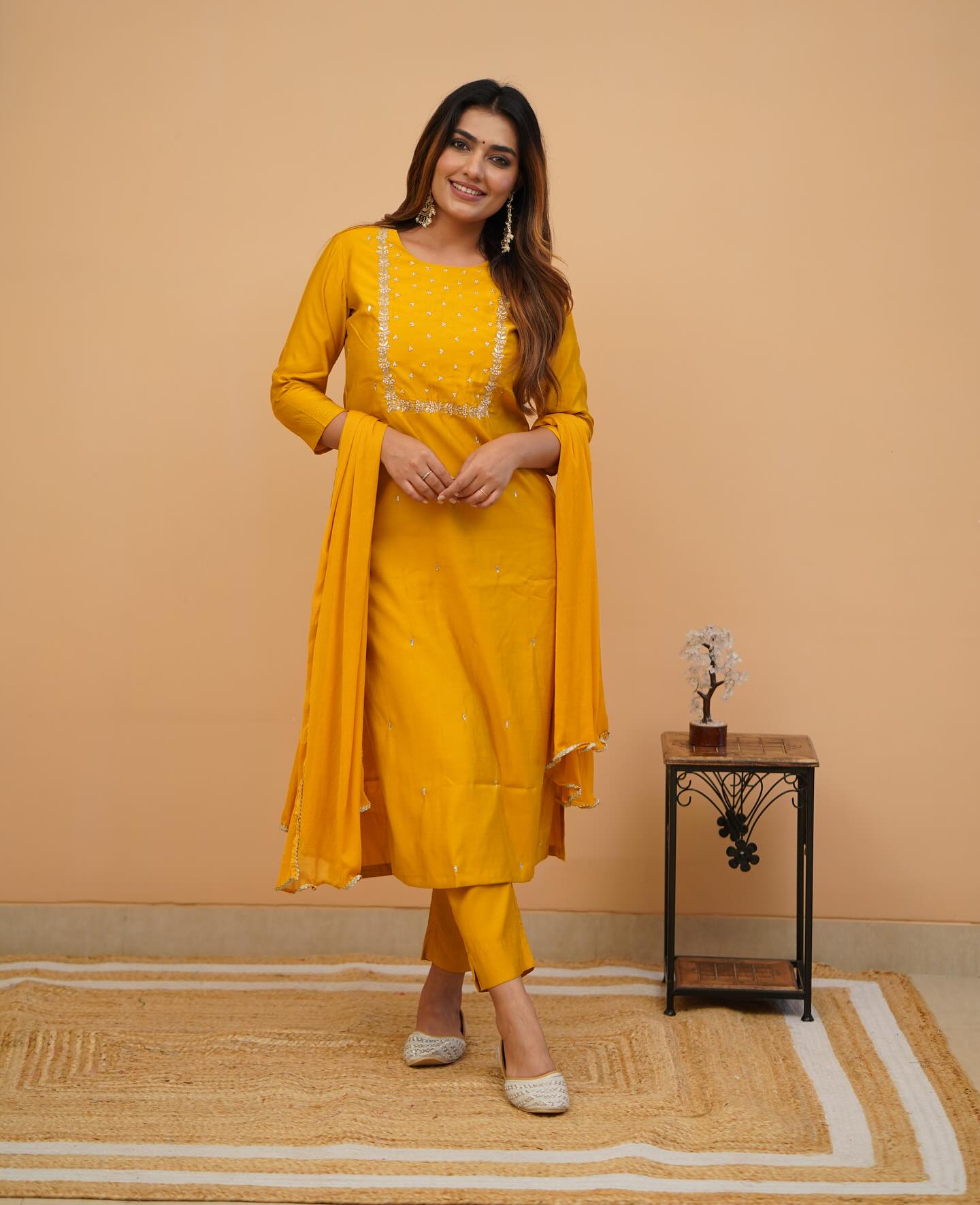 Rayon Slub Embroidered Kurta Pant Dupatta Set – Yellow