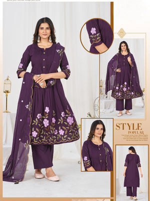 Pure Cotton Embroidered Anarkali Kurti Set – Purple