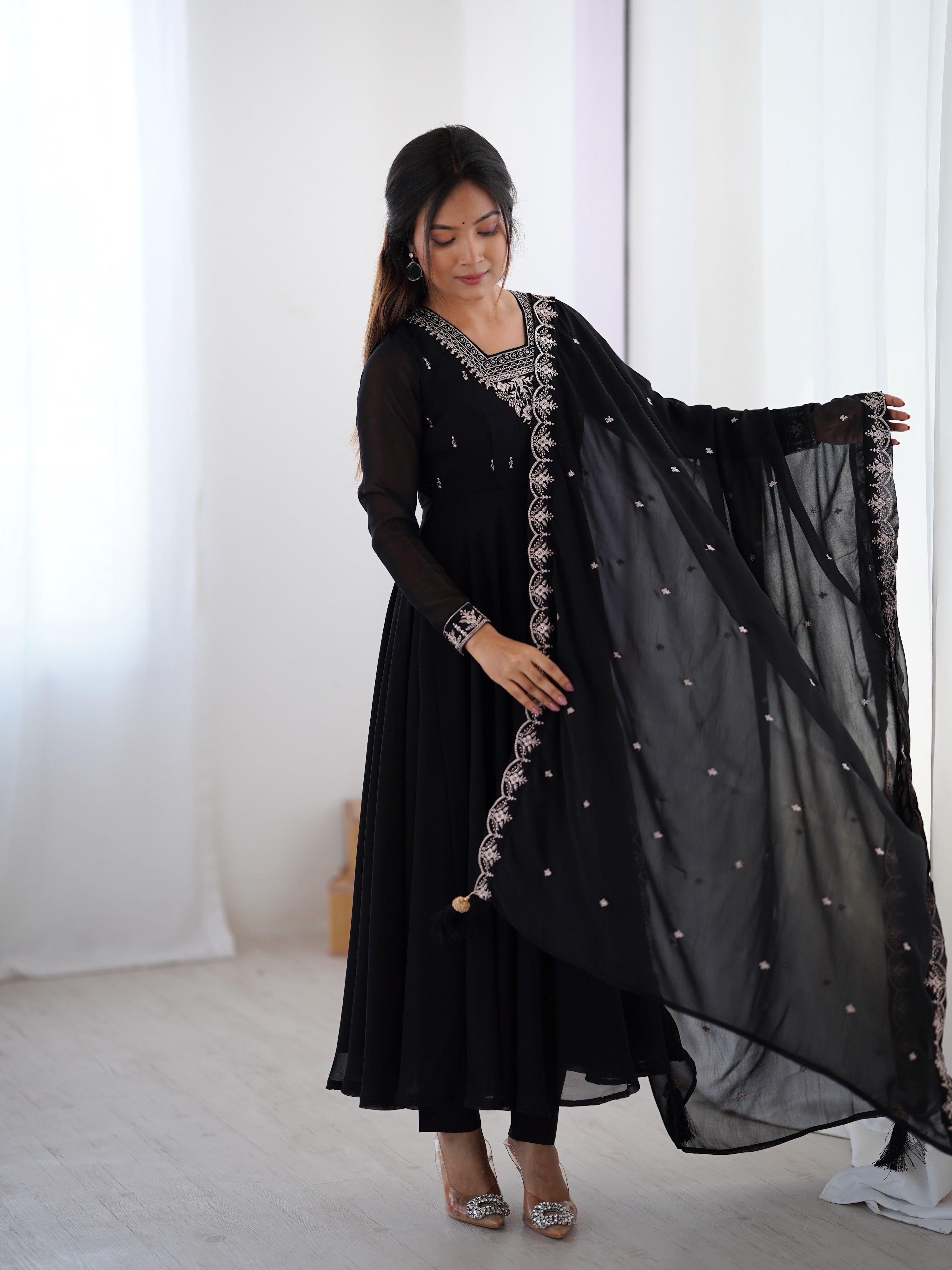 Georgette Embroidered Anarkali Set – Black