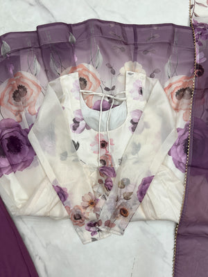 Organza Silk Printed Anarkali Set – Lilac Floral