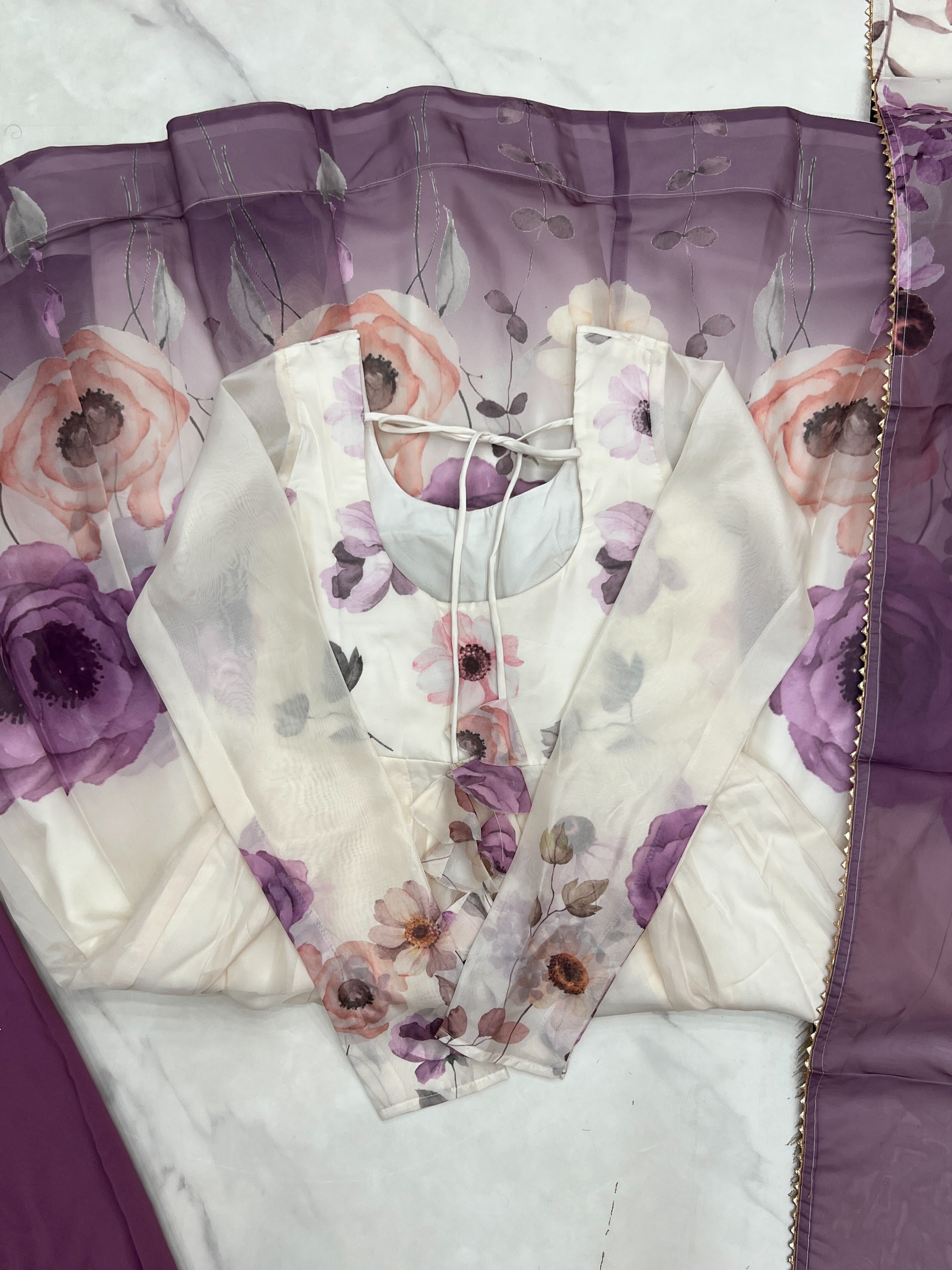 Organza Silk Printed Anarkali Set – Lilac Floral