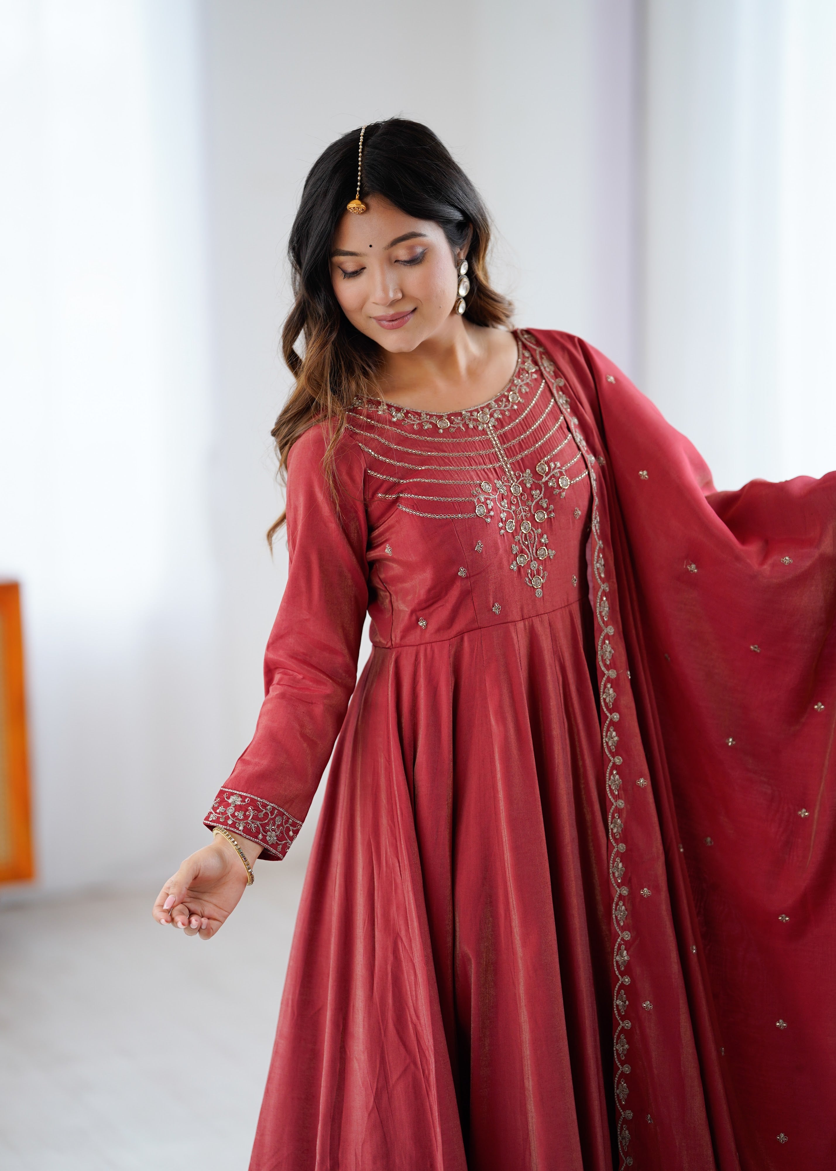Roman Shimmer Silk Embroidered Anarkali Set – Maroon