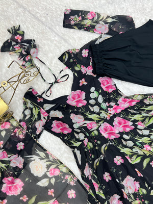 Organza Silk Printed Anarkali Set – Black