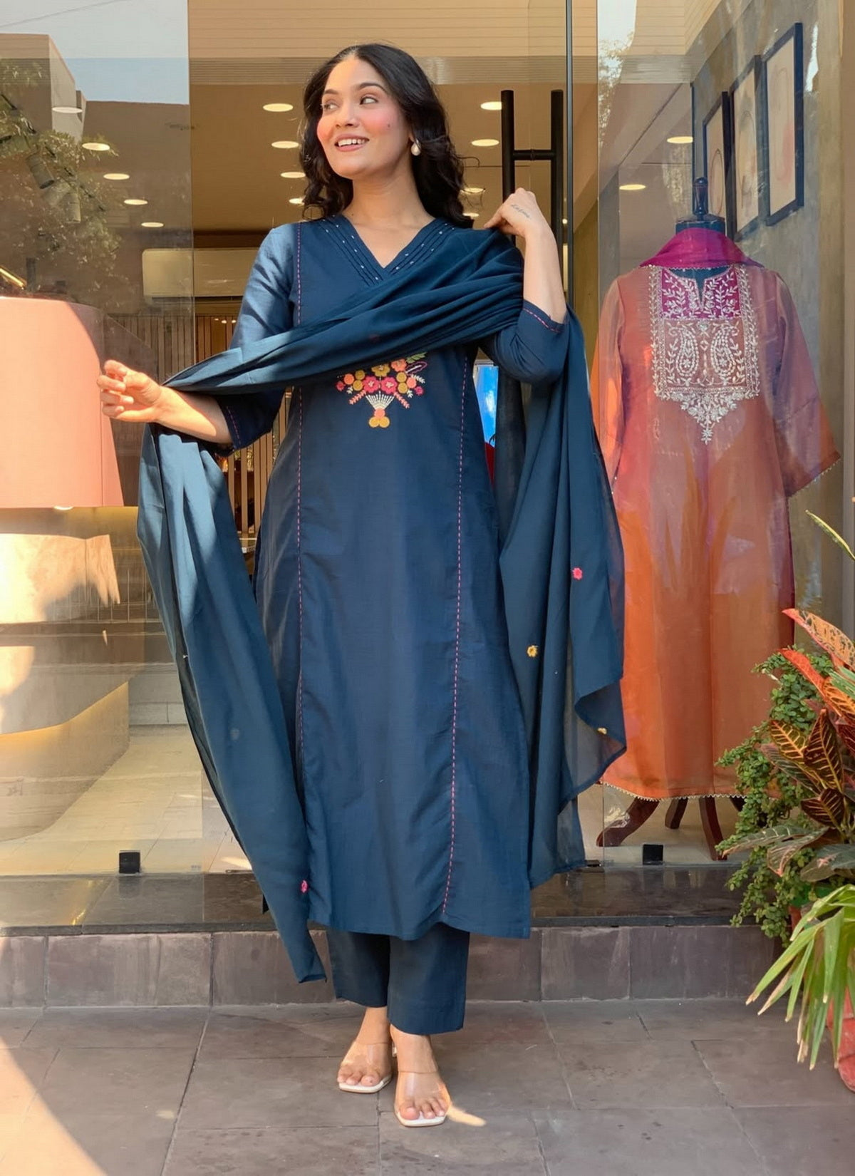 Rayon Slub Embroidered Kurta Pant Dupatta Set – Teal Blue