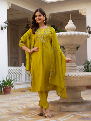 Pure Viscose Mango Silk Embroidered Straight Kurti Set – Yellow
