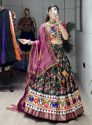 Navratri Green Floral Dola Lehenga Set - Blouse Unstitched