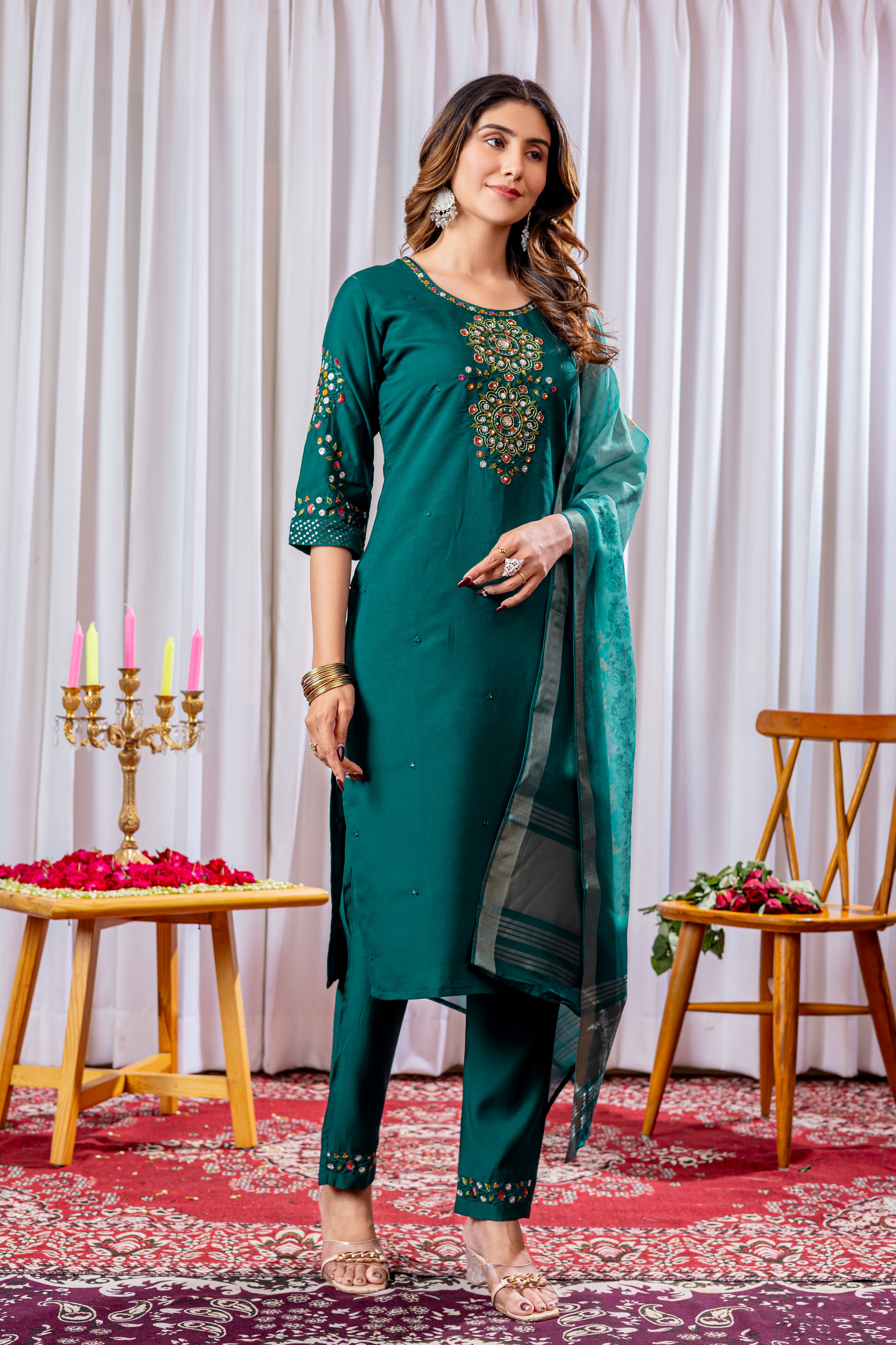 Viscose Silk Embroidered Straight Kurti Set – Green