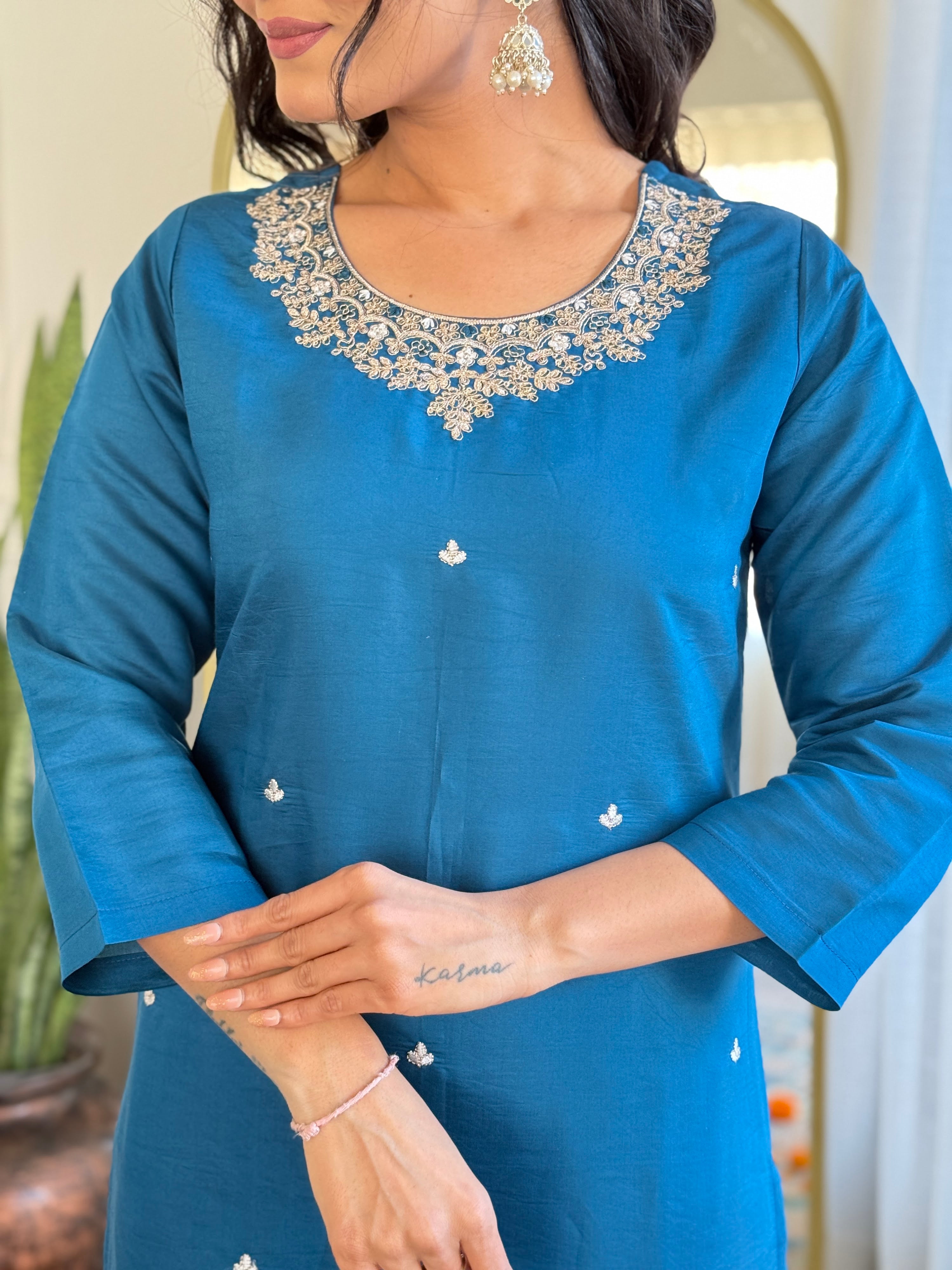 Roman Silk Embroidered Kurta Pant Dupatta Set – Sky Blue