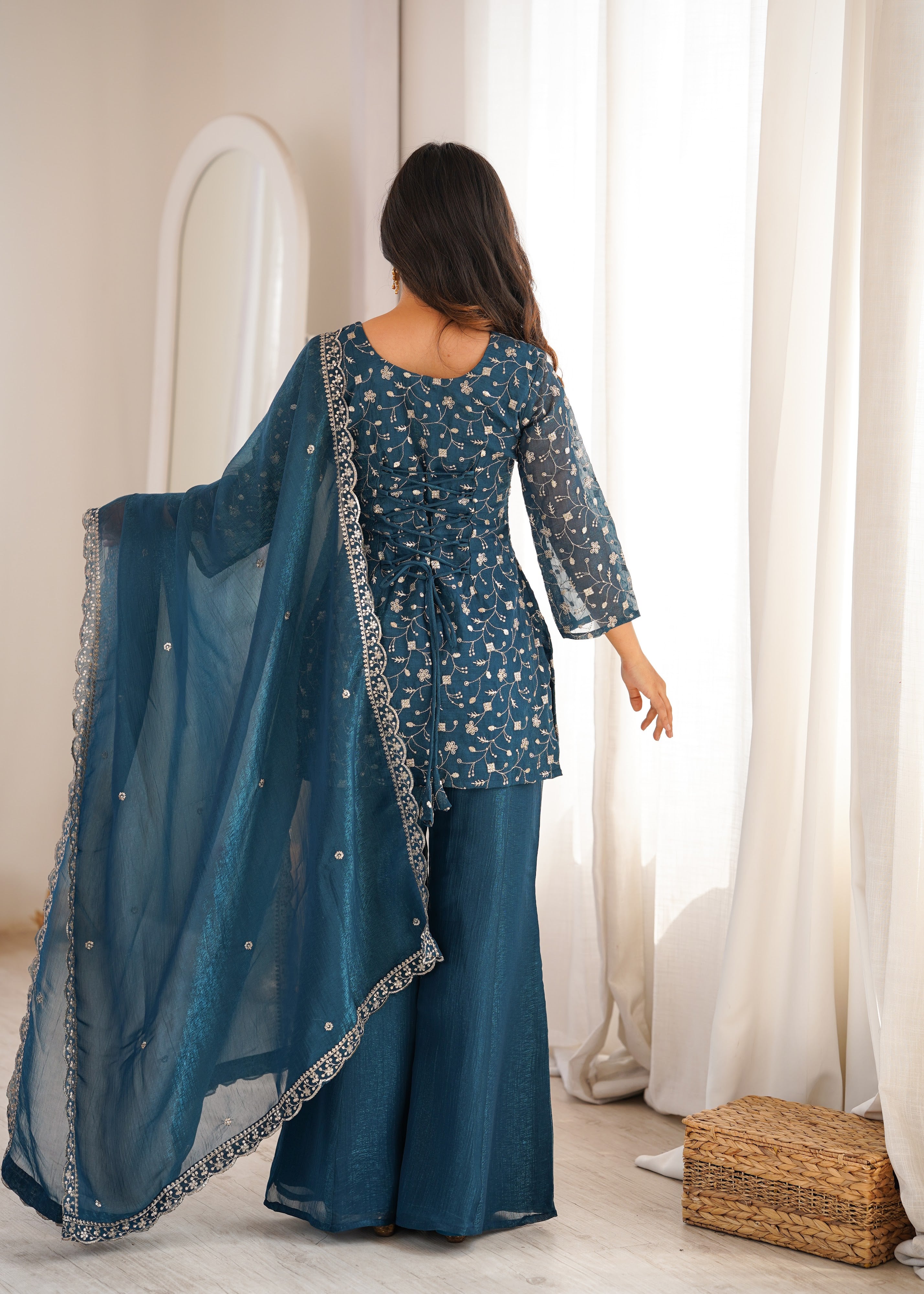 Crunchy Silk Embroidered Bell Bottom Set – Teal Blue