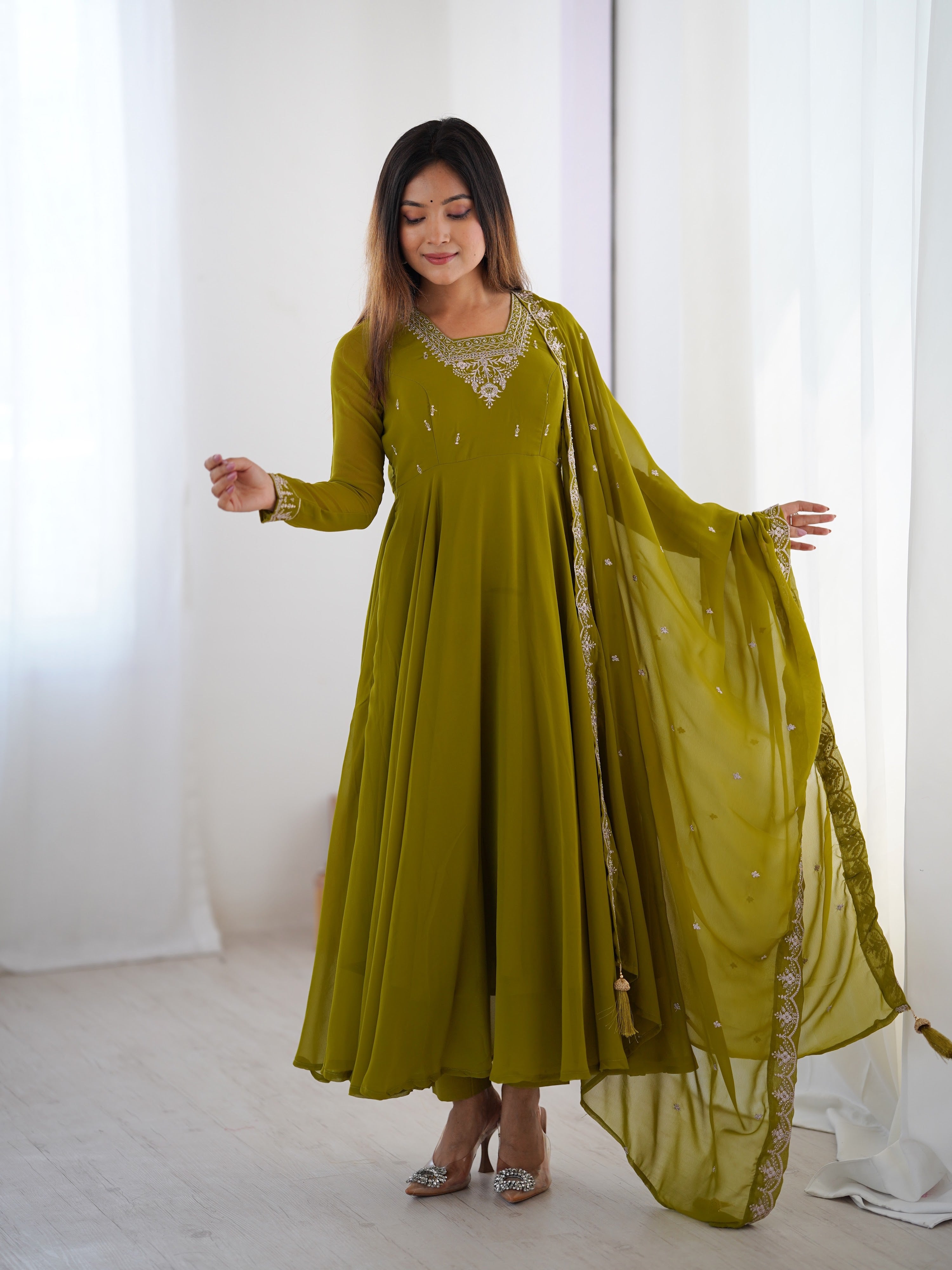Georgette Embroidered Anarkali Set – Mehndi Green