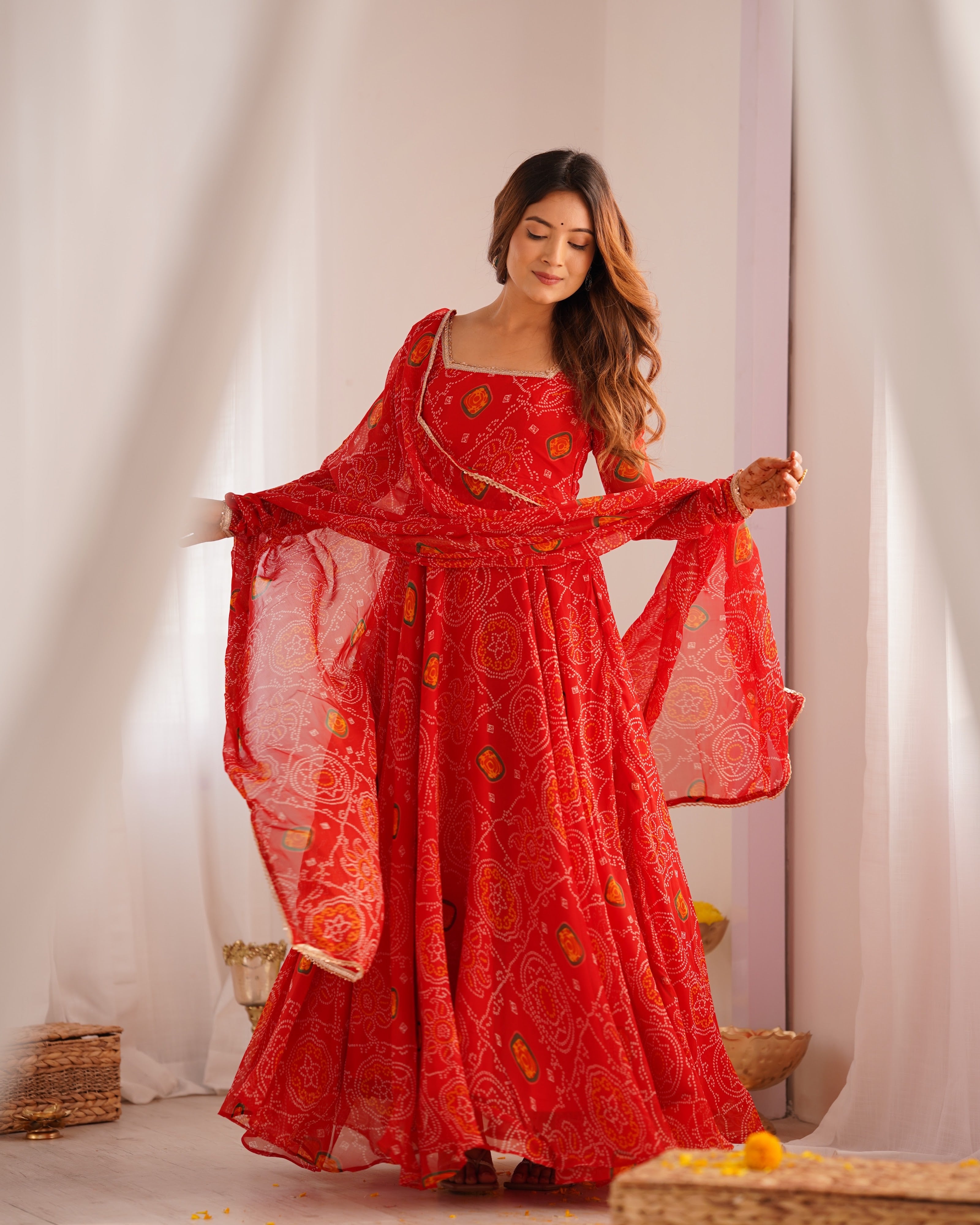 Soft Lightweight Chiffon Bandhej Fabric Inner Micro Cotton Embroidered Anarkali Set – Orange